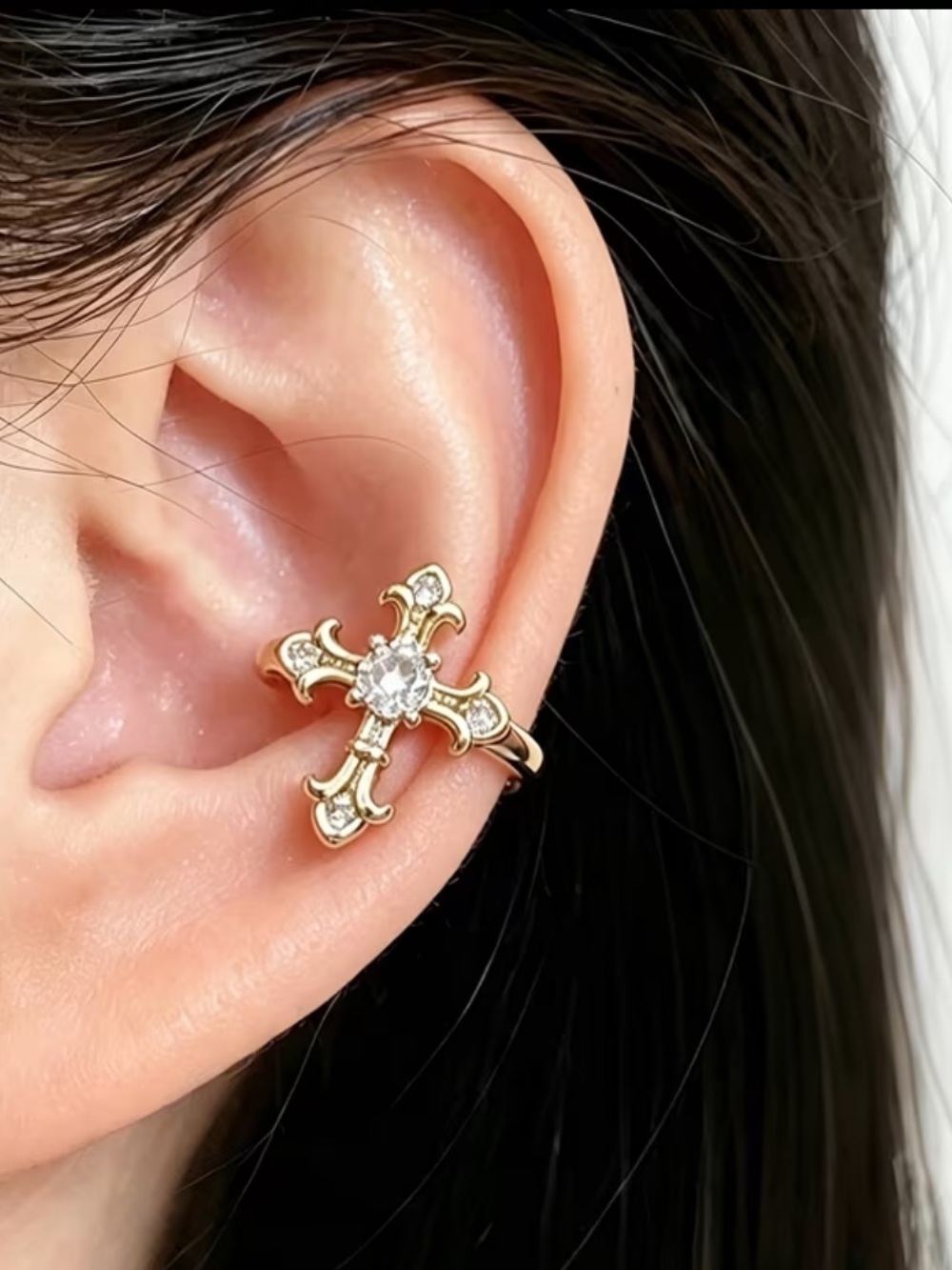 Gold Cross Ear Cuff with Clear Crystal Accent